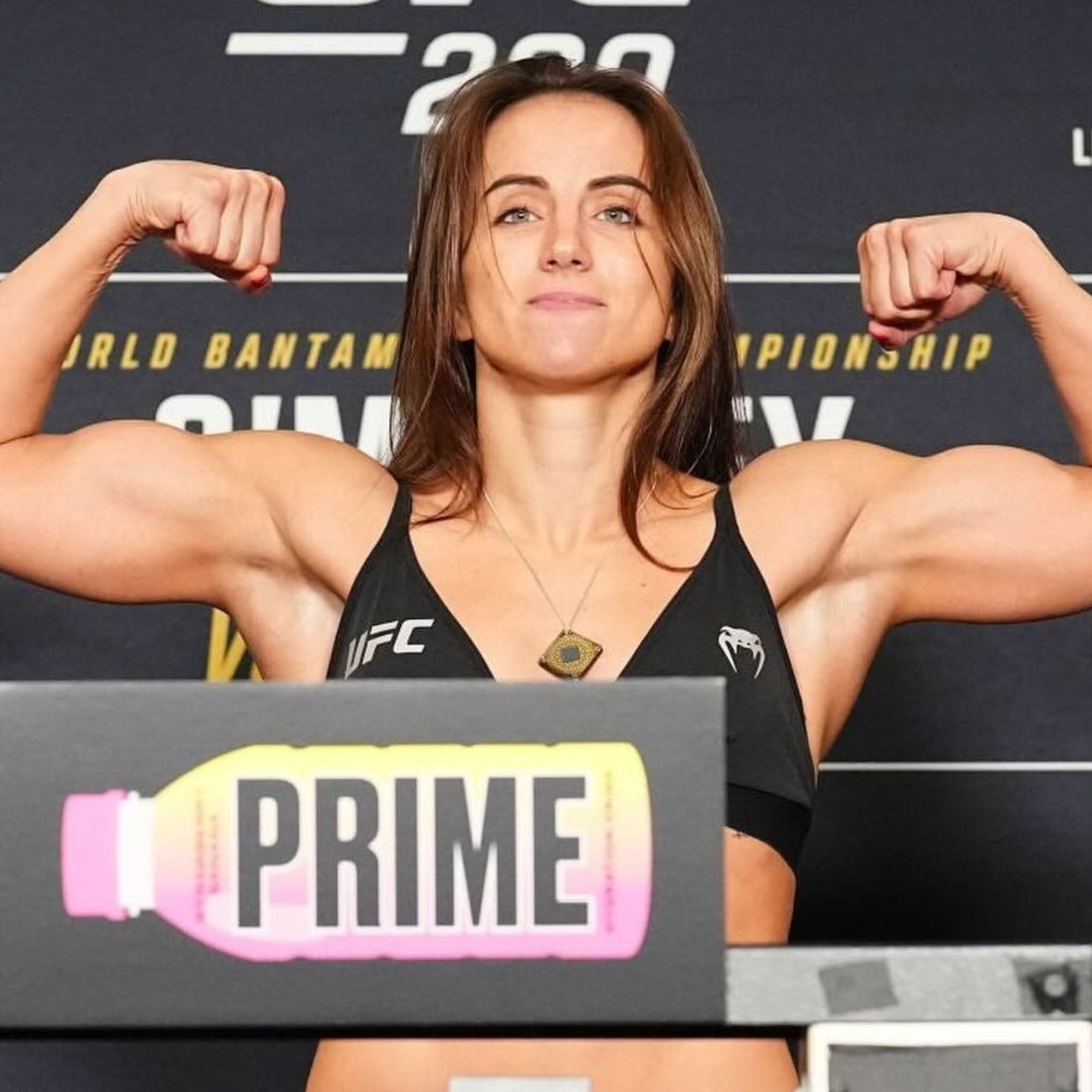 UFC athlete Maycee Barber wearing Lifetune Go at weigh in for upcoming fight.