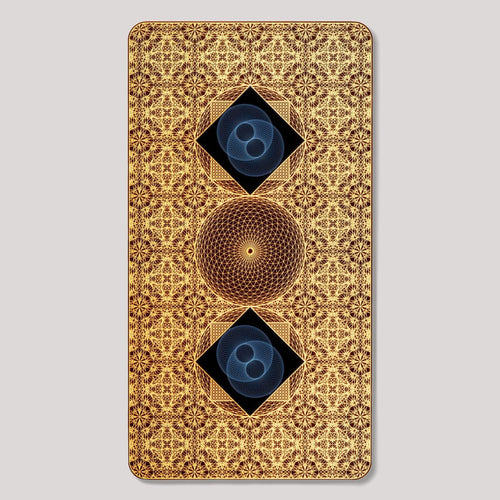 Top view of Aires Tech Lifetune Zone Max EMF protection device with gold geometric pattern and dual Aires resonator chips