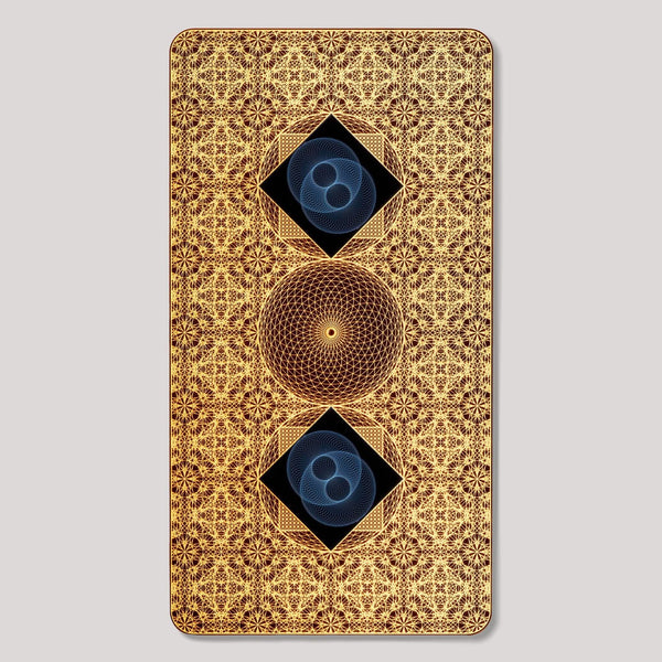 Top view of Aires Tech Lifetune Zone Max EMF protection device with gold geometric pattern and dual Aires resonator chips