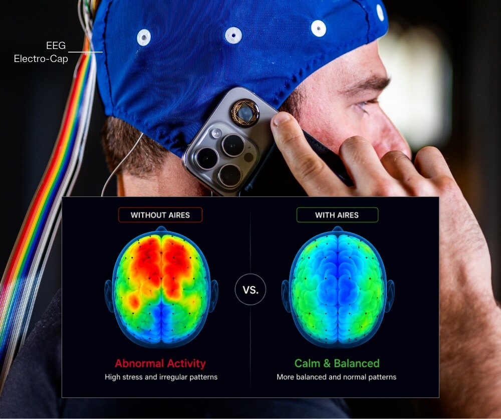 Person wearing an EEG cap with brain activity comparison graphics on a screen.